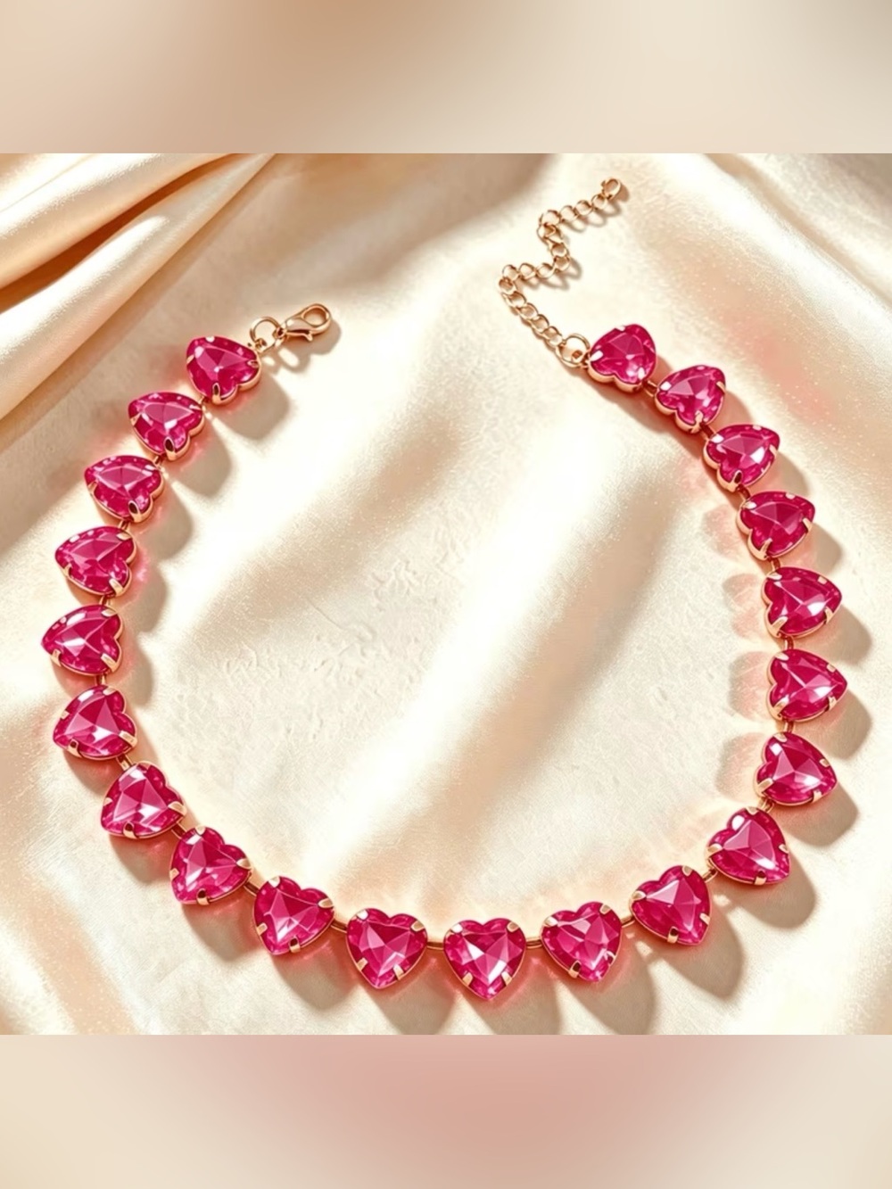 Gold-Tone Pink Heart Crystal Choker Necklace - Women Jewelry